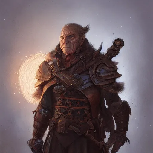 Image similar to a detailed portrait of an slightly old person with glowing eyes dressed with a dark leather armor, by justin gerard and greg rutkowski, digital art, realistic painting, character design, trending on artstation