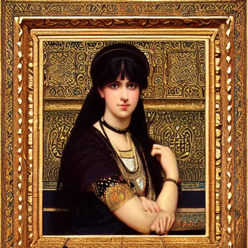Prompt: orientalist portrait of a mesopotamian woman with thick black bangs and curls wearing an ornate dress sitting in a busy market selling carpets intricate artwork by john william waterhouse and Edwin Longsden Long and Theodore Ralli and Henryk Siemiradzki. trending on artstation, very coherent symmetrical artwork high detail 8k