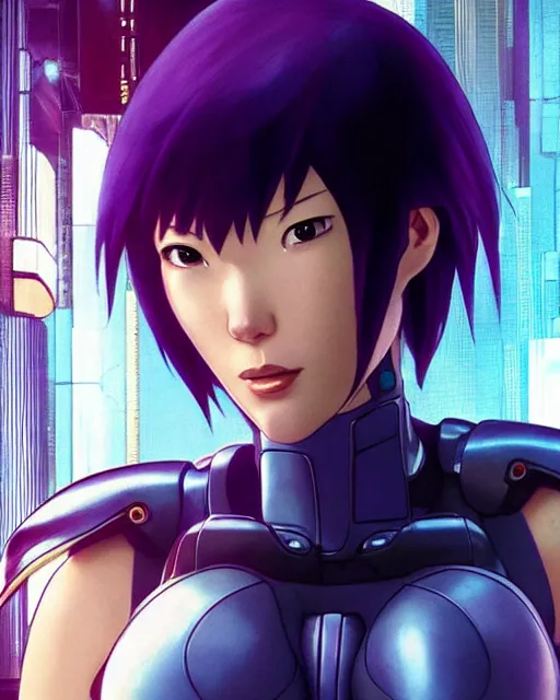 Image similar to weta disney pixar movie still portrait photo of motoko kusanagi the major ghost in the shell : : as cyborg woman by pixar : : by weta, wlop, ilya kuvshinov, rossdraws, artgerm, marvel, maxim cover, latex, octane render, sweaty, iridescent, bright morning, anime, liosh, mucha : :