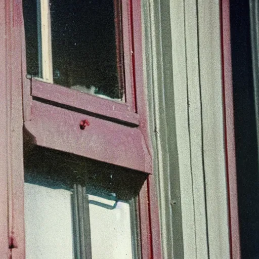 Prompt: zoomed cropped closeup of unexpected voyeuristic eye contact with neighbor in window, technicolor, telephoto lens, vintage photograph