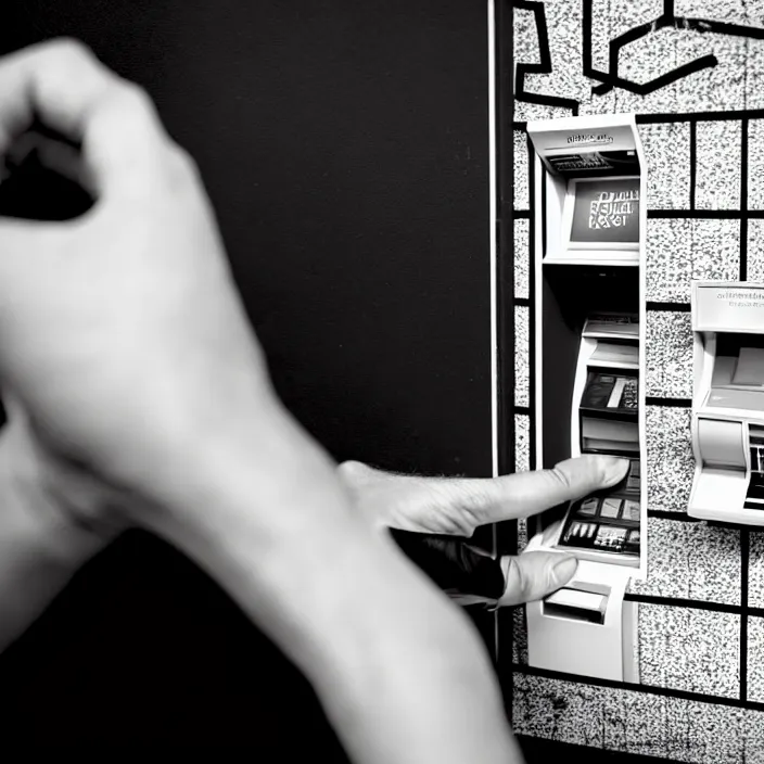 Prompt: a closeup of a hand inserting a card into a slot in an atm in a black - tiled wall. black and white, pencil and ink. by gabriel hardman, joe alves, chris bonura. cinematic atmosphere, detailed and intricate, perfect anatomy