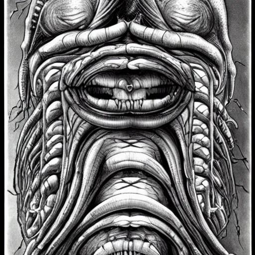 Image similar to a fleshy monster designed by giger with pus coming out of multiple eyes