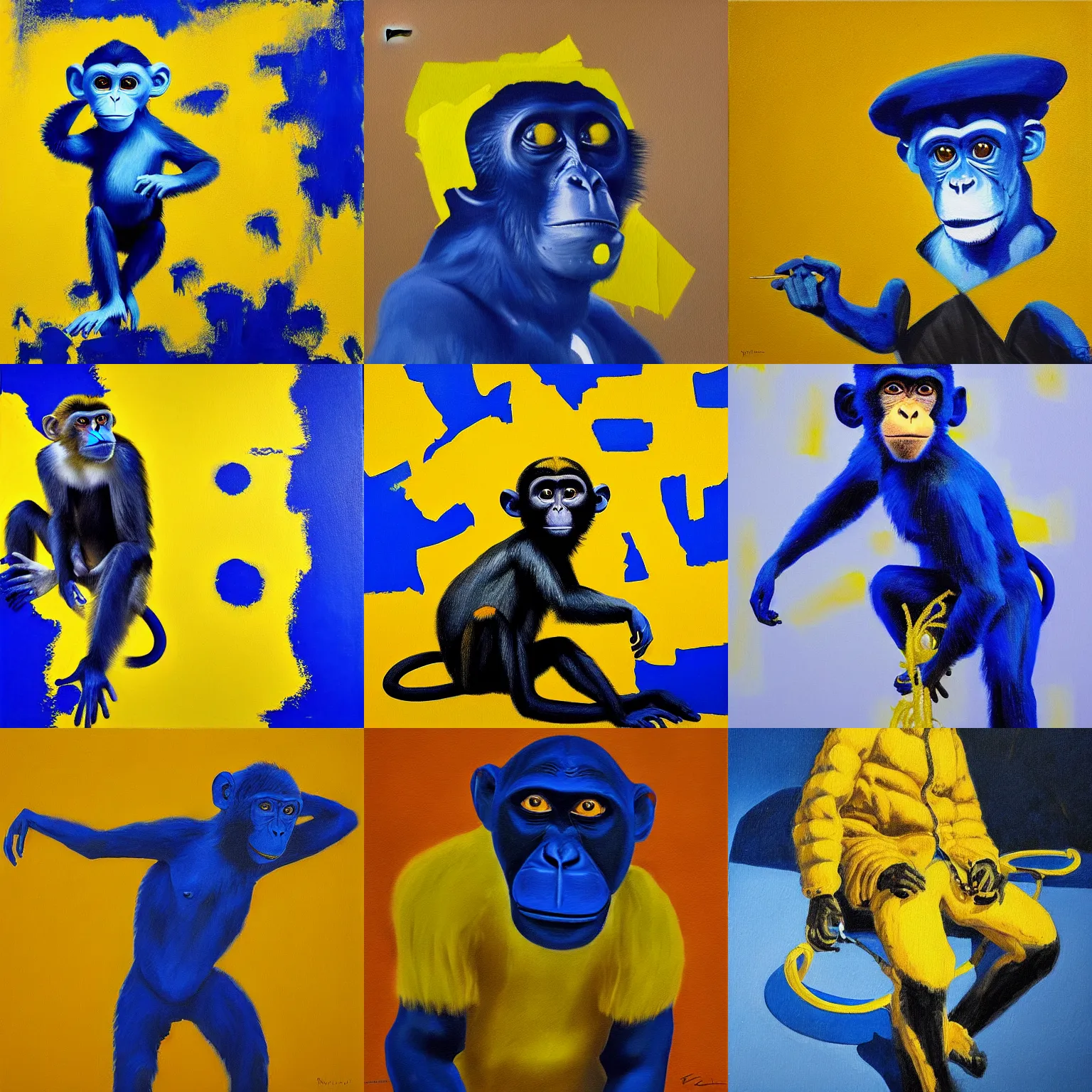 Prompt: a painting of a monkey wearing a yellow jacket, a photorealistic painting by yves klein, cgsociety, figurative art, oil on canvas, fine art, art on instagram