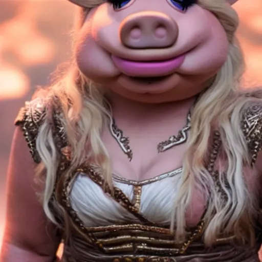 Prompt: ms. piggy playing khaleesi from game of thrones, hyper realistic image