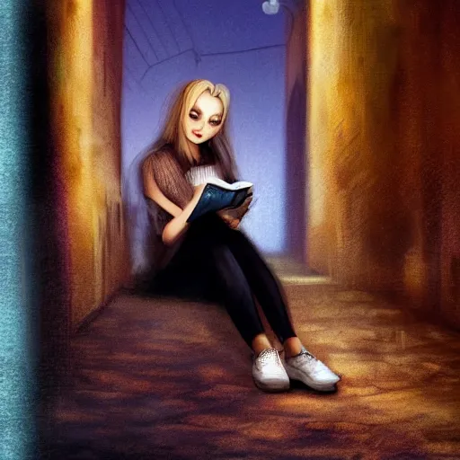 Prompt: luna lovegood sitting in a dark alley reading a book in a hyper realistic shot, low light