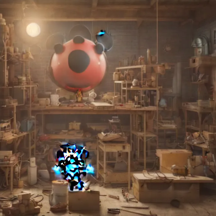 Image similar to crew of workers building giant mickey mouse head in quaint workshop, octane render, 4 k ultra hd, hyper - detailed, realistic, seedy lighting, sharp focus, in style of beeple