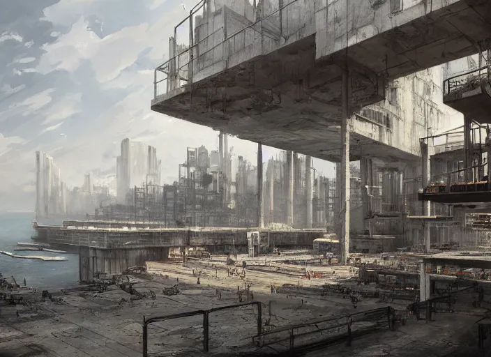 Image similar to a brutalist concrete harbor warehouse, summer season, very hot, dry, architecture, a realistic digital painting by greg rutkowski and james gurney, trending on artstation, highly detailed