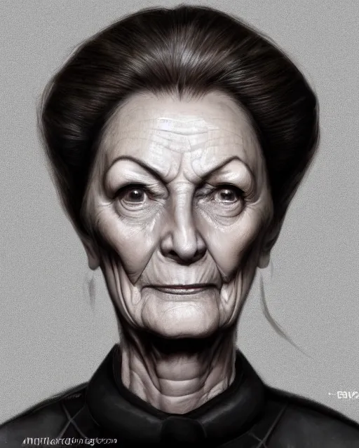 Image similar to portrait 6 0 - year - old woman, tall, severe - looking, with dark hair tied up in a bun, mcgonagall, wearing in black clothes, yper realistic face, beautiful eyes, character art, art by mark brooks, hyperdetailed, cryengine, trending on artstation, digital art