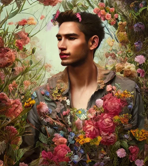 Image similar to portrait of a very handsome peruvian male model, surrounded by flowers by karol bak, james jean, tom bagshaw, rococo, trending on artstation, cinematic lighting, hyper realism, octane render, 8 k, hyper detailed.