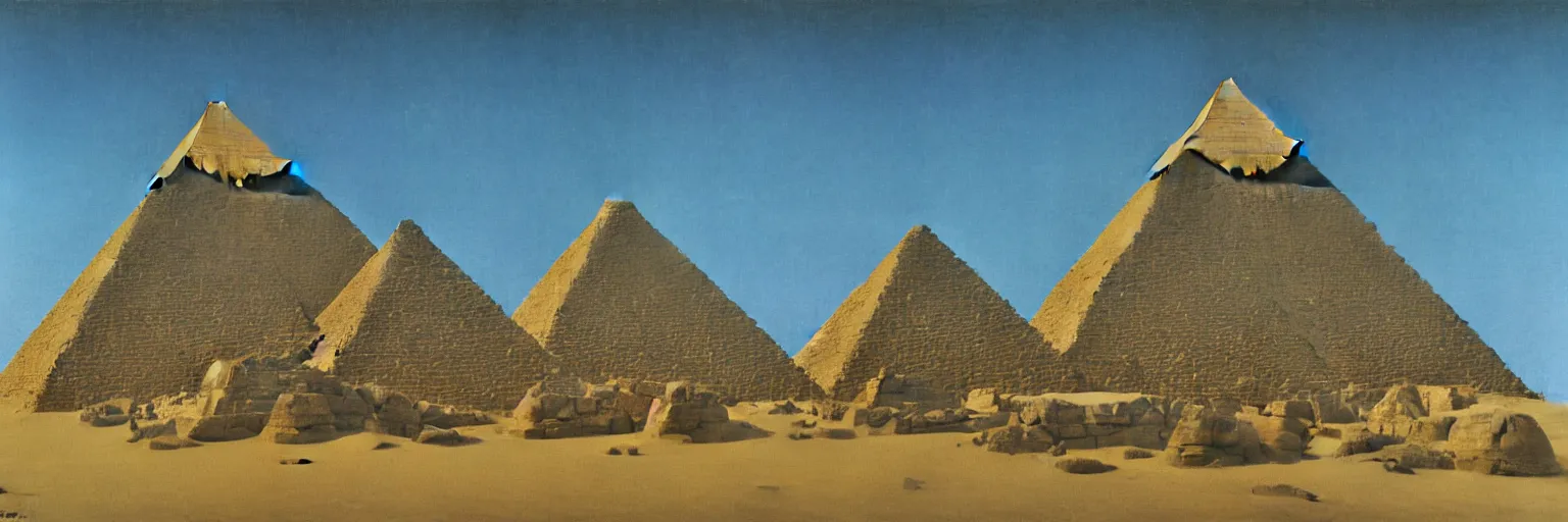 Prompt: pyramids at giza oil painting magritte