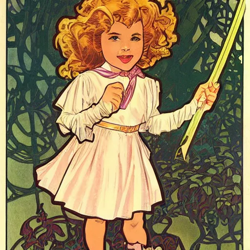 Image similar to a little girl with a mischievous face and short wavy curly brown hair. she is dressed as a knight. well composed, clean elegant painting, beautiful detailed face. comic book art by steve ditko and jack kirby and alphonse mucha