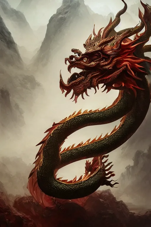 Image similar to chinese dragon god, close - up portrait, powerfull, intricate, elegant, volumetric lighting, scenery, digital painting, highly detailed, artstation, sharp focus, illustration, concept art, ruan jia, steve mccurry