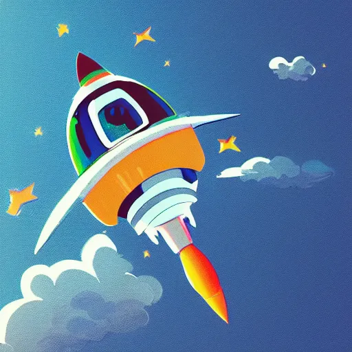 Image similar to rocket launching into the sky, sunrise, rocketship, wispy clouds, pixiv, concept art