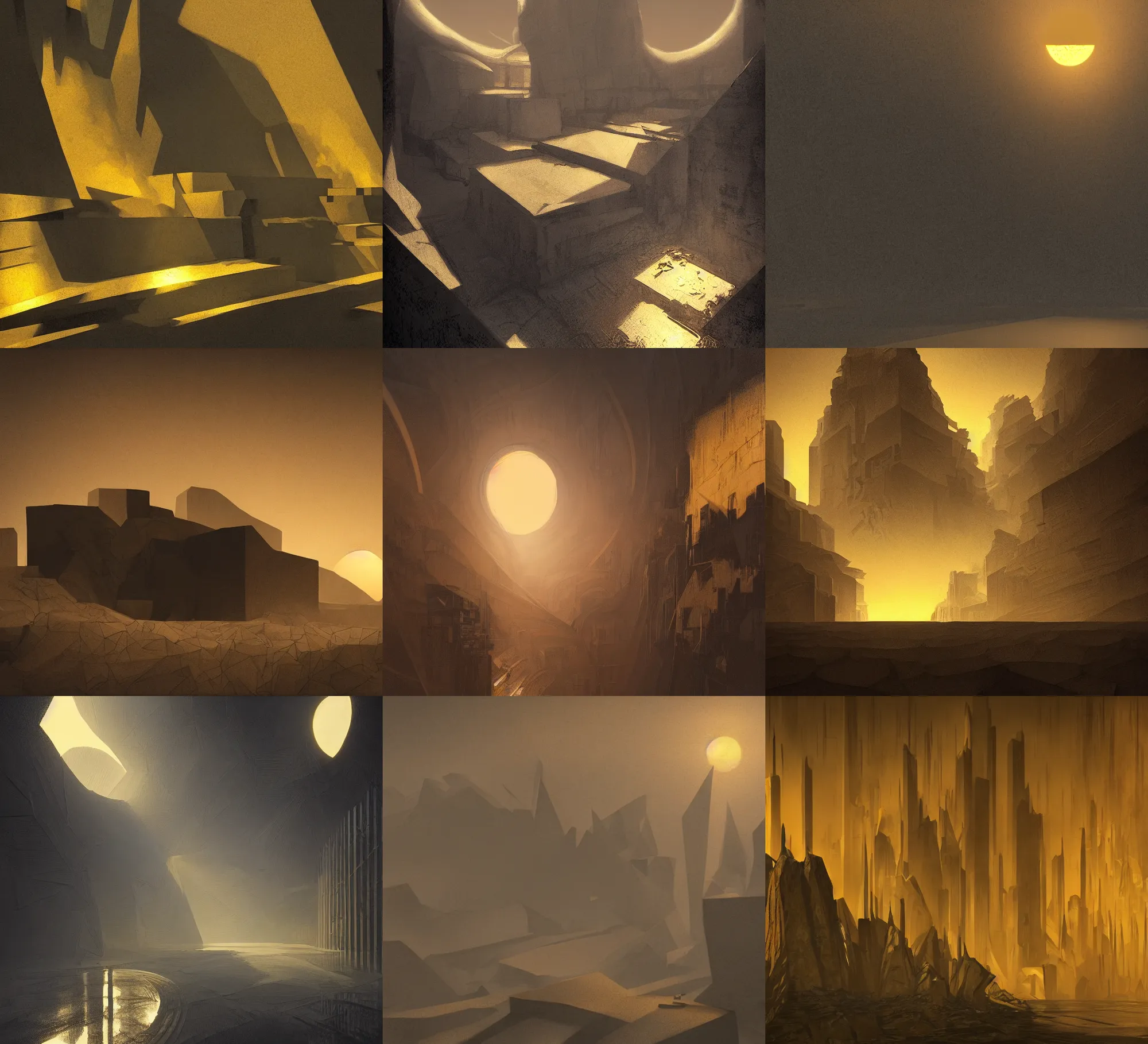 Prompt: contrast painting in the style of Hugh Ferriss and Gérard Trignac and Michael Whelan, gold and black walls, environment concept art, matte painting on artstation, low view, deep shadows, labirynth, 3d render, sunset volumetric light