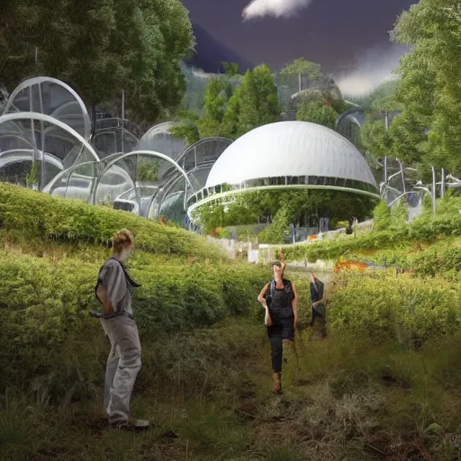 Image similar to vertical farms and white sci - fi dome in a steep sided valley with trees, a sense of hope and optimism, busy workers, hyper realistic, high res, 4 k, warm light, edouard groult, bynde, kirill leonov