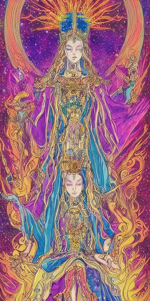 Image similar to a mystical woman priestess sitting on a throne, the divine feminine, drawn by studio UFOTABLE, psychedelic, fine line work, pastel colors, Tarot cards. The empress tarot card, detailed