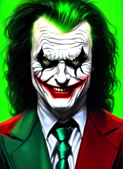 Image similar to portrait of tommy wiseau as the joker, green hair, intricate, elegant, glowing lights, highly detailed, digital painting, artstation, concept art, sharp focus, illustration, art by wlop, mars ravelo and greg rutkowski