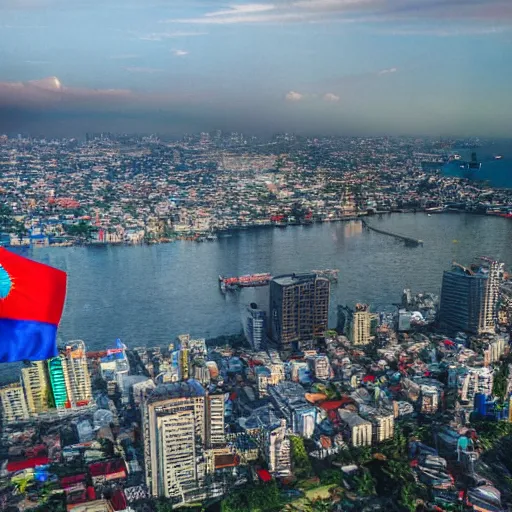 Image similar to highly detailed photo of manila burning with philippine flag, global illumination, radiant light, detailed and intricate environment