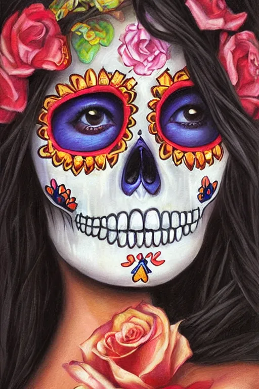 Prompt: Illustration of a sugar skull day of the dead girl, art by Mark Arian