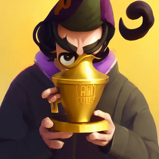 Image similar to waluigi holding golden cup, by lois van baarle, greg rutkowski, artstation, digital art, high detailed, high quality,