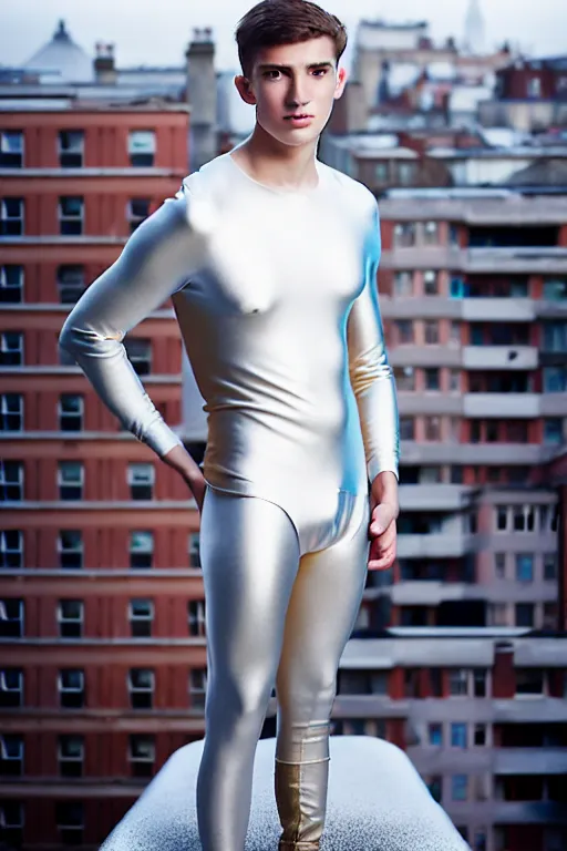 Image similar to un ultra high definition studio quality photographic art portrait of a young man standing on the rooftop of a british apartment building wearing soft padded silver pearlescent clothing. three point light. extremely detailed. golden ratio, ray tracing, volumetric light, shallow depth of field. set dressed.