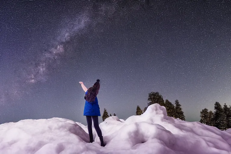 Image similar to a girl standing on a rock in snow and looking up at the milky way