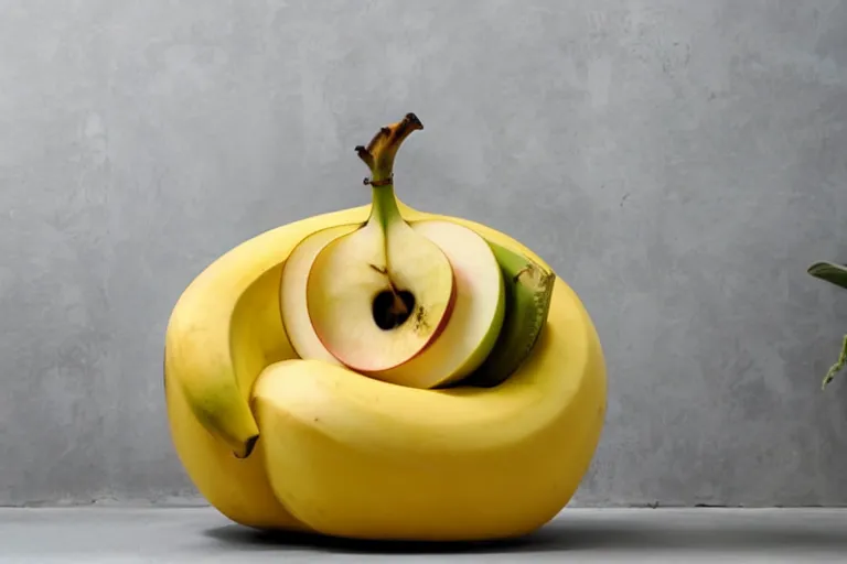 Prompt: a banana is sitting in an apple shaped chair, catalog photo