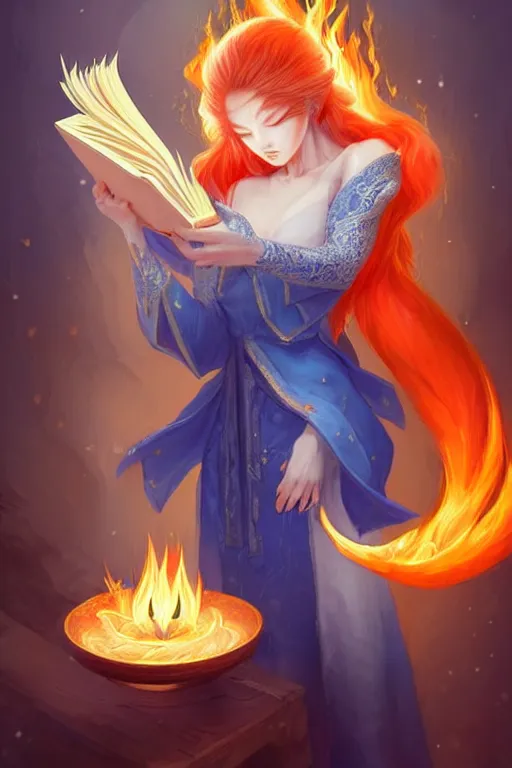 Prompt: gorgeous!!! hyper - realstic kitsune sorceress, holding a tattered magical book, casting a flame spell, blue flames | drawn by wlop, drawn by jeehyung lee, drawn by artgerm | fantasy, dark, intricate, highly detailed, digital painting, character design, concept art, illustration, artstation