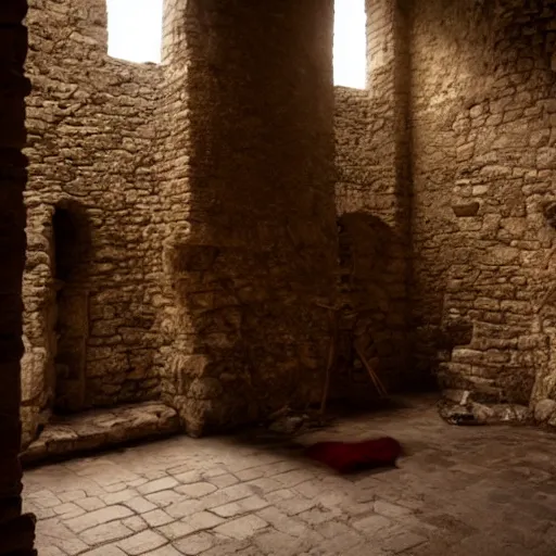 Image similar to the interior of a medieval castle with knights templar, diffused light, candles, mystical