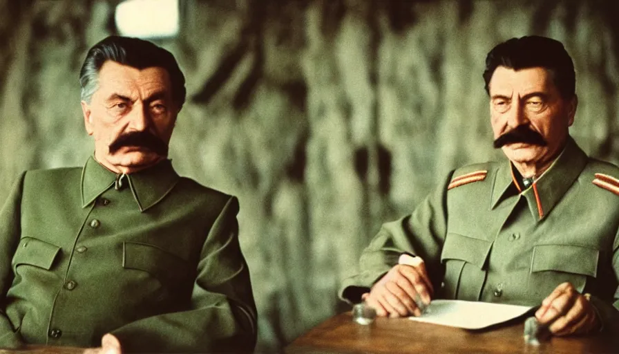 Prompt: movie still by tarkovsky portrait of an old stalin, cinestill 8 0 0 t 3 5 mm, heavy grain, high quality, high detail