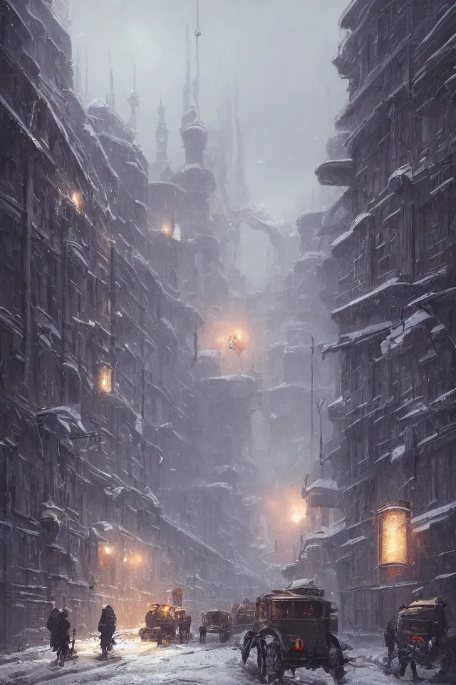 Image similar to highly detailed painting of dieselpunk stockholm, winter, snow, dystopia, by greg rutkowski, by raphael lacoste, 4 k resolution, trending on artstation