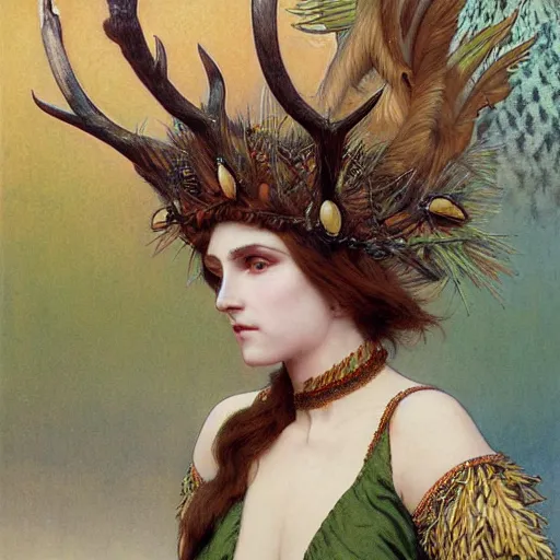 Image similar to a detailed portrait of a green haired brown eyed queen of feathers with an antler crown by wayne barlowe and mucha