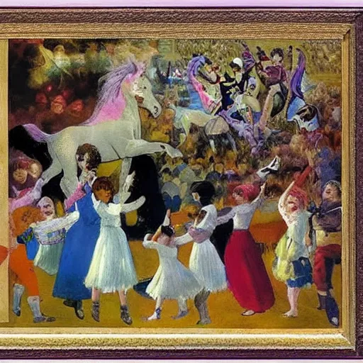 Image similar to by valentin serov atmospheric. a collage of a pantomime unicorn onstage, surrounded by a group of children who are clapping & cheering. the unicorn is wearing a sparkly costume & has a long, flowing mane. its horn is glittering & its eyes are wide open.