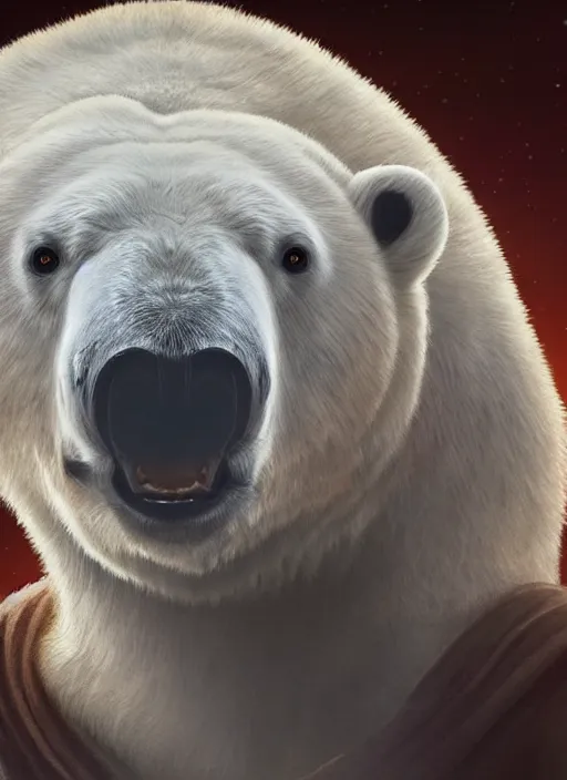 Prompt: a polar bear with stubble, wearing brown jedi robes, smiling, close up, portrait style, star wars atmosphere, photographic print, artgerm, hyper - realistic