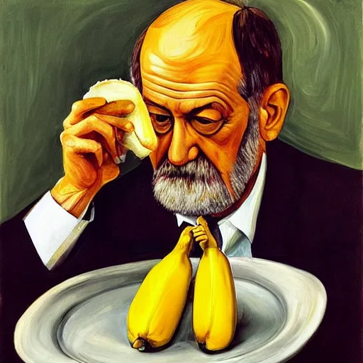 Image similar to “ painting of sigmund freud eating a peeled banana, freudian, by lucian freud ”