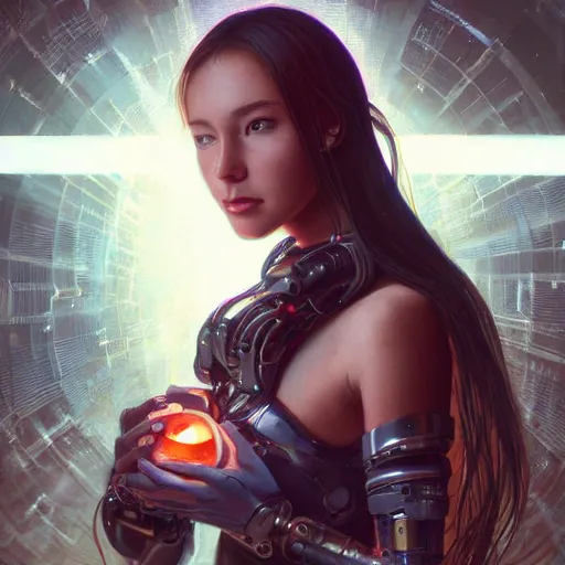 Image similar to a realistic detailed beautiful portrait of a cybernetic woman eating a glowing orb, cyberpunk concept art, digital art, highly detailed, intricate, sci-fi, sharp focus, Trending on Artstation HQ, deviantart, unreal engine 5, 4K UHD image, hyperrealistic, photorealistic, art by artgerm and greg rutkowski and alphonse mucha