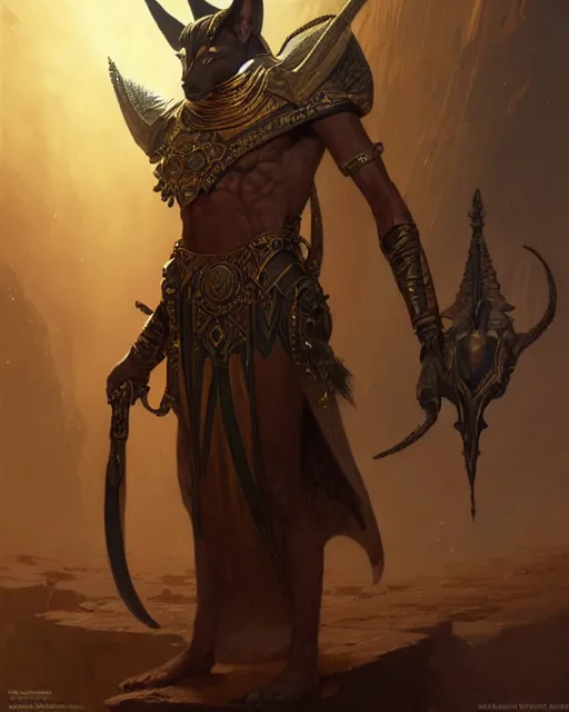 Image similar to mysterious anubis, fantasy character portrait, ultra realistic, concept art, intricate details, highly detailed by greg rutkowski, gaston bussiere, craig mullins, simon bisley