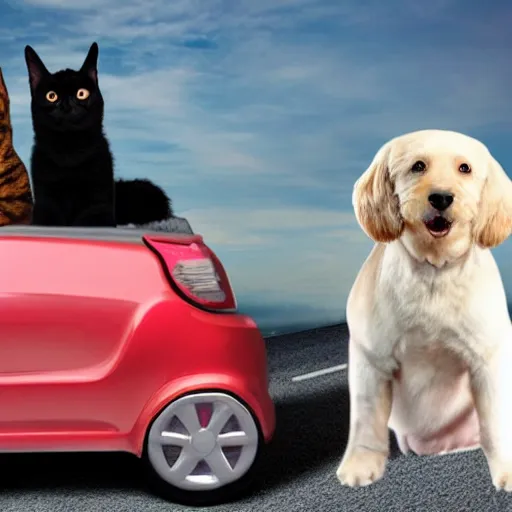 Image similar to dog and cat driving a car with obama sitting on top of car