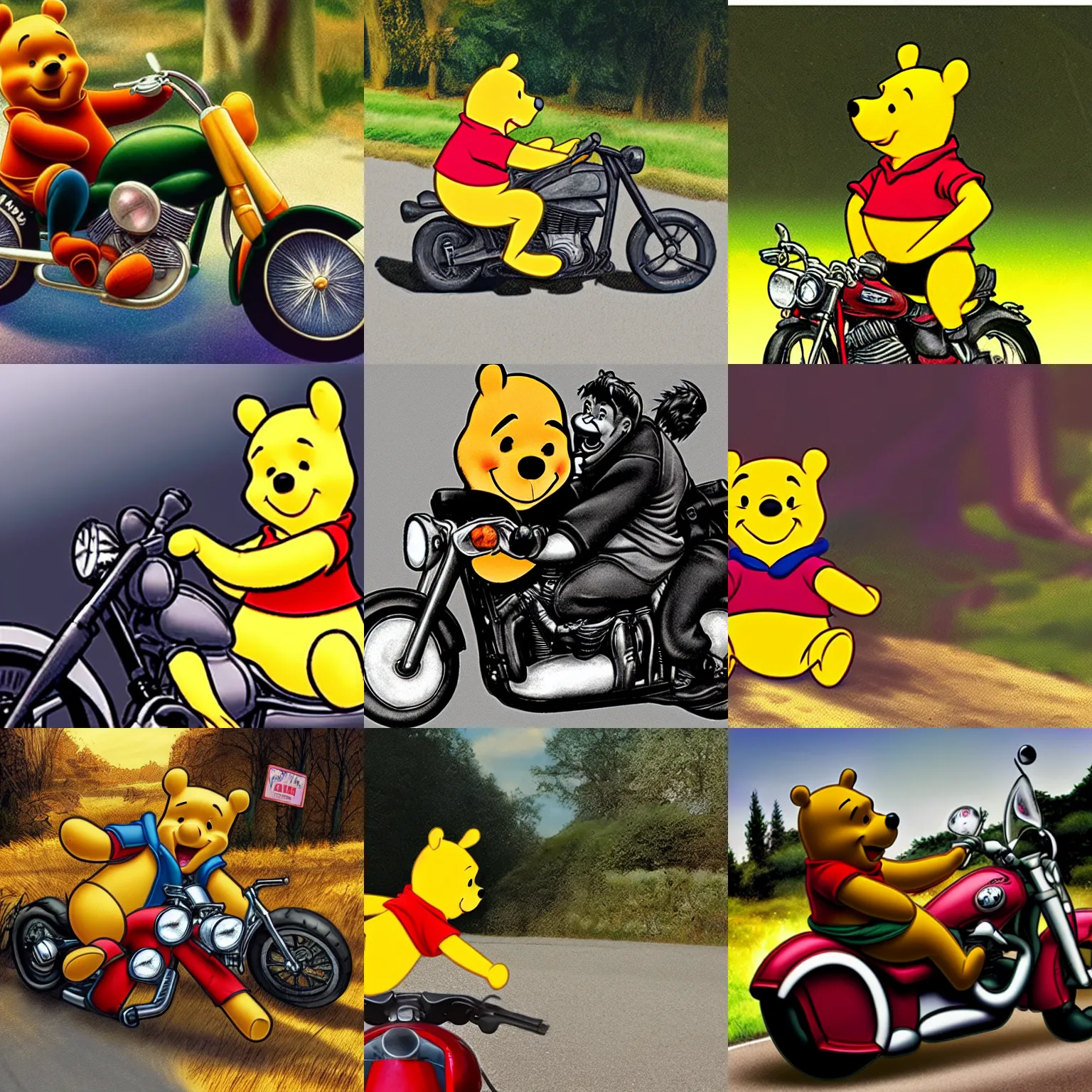 Prompt: Photo of Winnie the Pooh as a biker on top of a motorcycle, ultra realistic, HD, scary, deep shadows