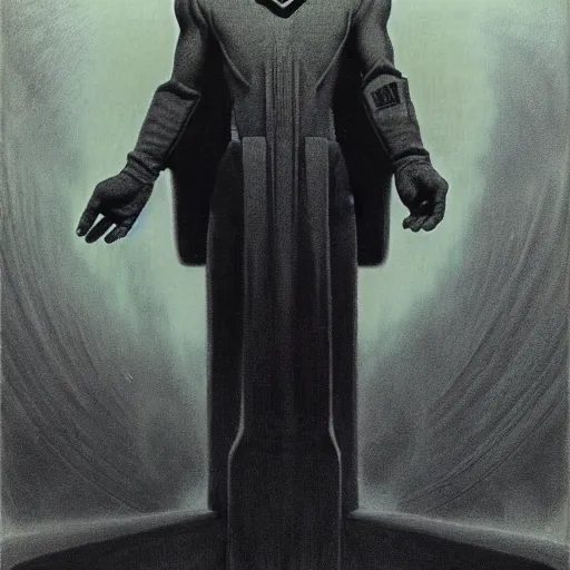 Prompt: full length portrait of 1 9 4 0 s sci - fi pilot eldrad, vibrant volumetric natural light, dark enlightenment, ink drawing, by zdzislaw beksinski, jack kirby, tom lovell, alex malveda, greg staples