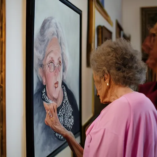 Image similar to old woman staring at a painting of herself as a young woman