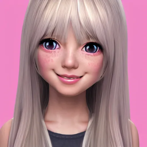 Image similar to Render of Nikki from Shining Nikki Dress-Up Game, a cute 3D young woman, long light pink hair, full bangs, full round face, hazel amber eyes, pale skin, cute freckles, light blush, Chinese heritage, smiling softly, wearing casual clothing, interior lighting, cozy living room background, medium shot, mid-shot, hyperdetailed, trending on Artstation, Unreal Engine 4k