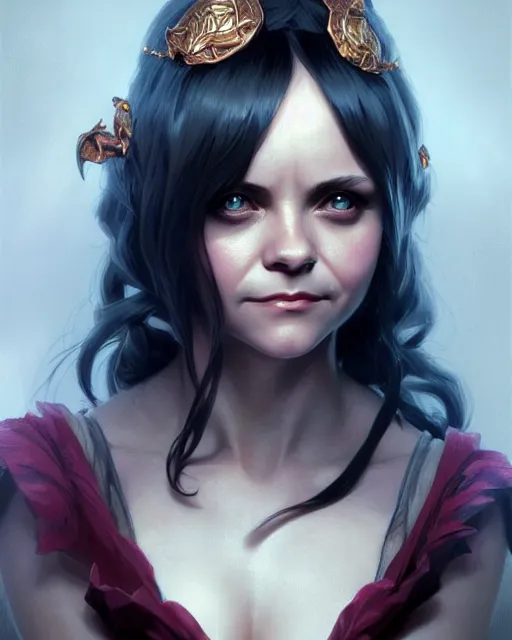 Image similar to Christina Ricci, D&D, fantasy, intricate, elegant, highly detailed, digital painting, artstation, concept art, matte, sharp focus, illustration, hearthstone, art by Artgerm and Greg Rutkowski and Alphonse Mucha