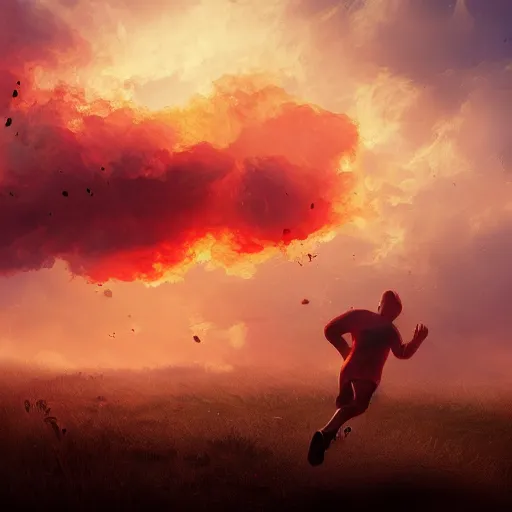 Prompt: running and falling on burning clouds, 4k, post-processing, very very detailed, artstation, cute