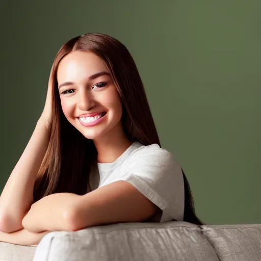 Image similar to Render of a cute 3d young woman smiling, long shiny bronze brown hair, full round face, emerald green eyes, medium skin tone, light cute freckles, smiling softly, wearing casual clothing, relaxing on a modern couch, interior lighting, cozy living room background, medium shot, mid-shot, soft focus, trending on Artstation, Unreal Engine 5 , 4k, professional photography, Portra 400