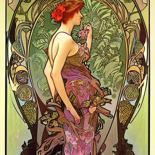 Prompt: beautiful art nouveau of tropical flora by Alphonse Mucha