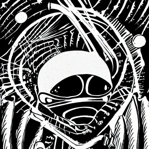 Prompt: alien in spaceship black and white illustration