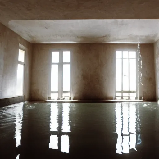 Prompt: liminal space, unknown location, submerged in water, clean, stucco walls, shiny floors