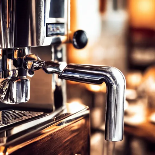 Prompt: close up realistic detailed photo of a fancy espresso machine in a cozy coffee shop, hdr, chrome, reflections, volumetric lighting, copper, black, overcast, diffuse light