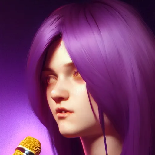 Prompt: stunningly beautiful purple haired female at home studio singing karaoke late at night, very detailed, 4 k, concept art like ernest khalimov, intricate details, highly detailed by greg rutkowski, ilya kuvshinov, gaston bussiere, craig mullins, simon bisley, backlit